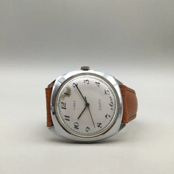 Vintage Timex Electric Watch Men 37mm Silver Tone A Cell Leather New Battery